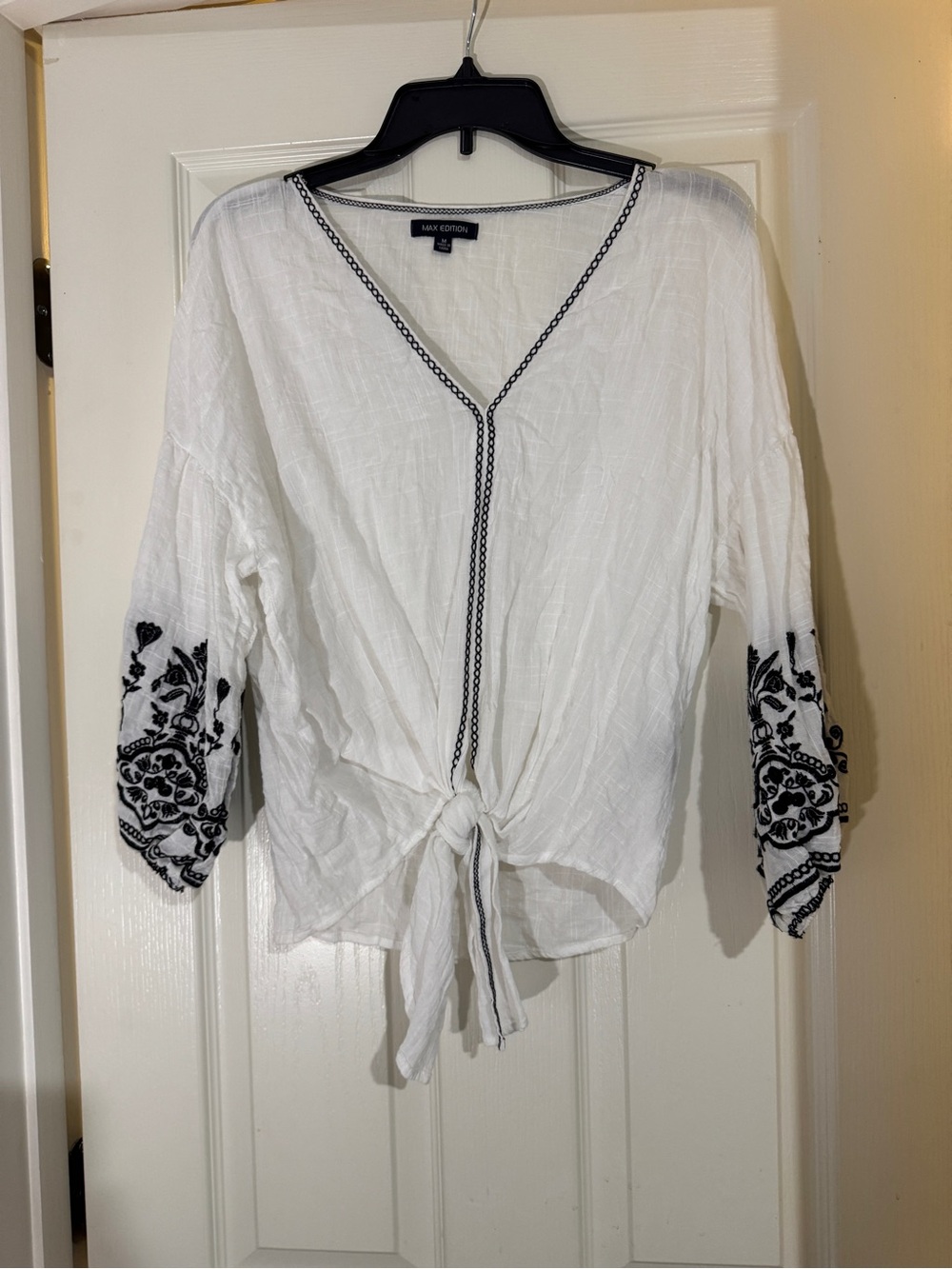 Max Studio White Tie-Front Blouse with Black Embroidery